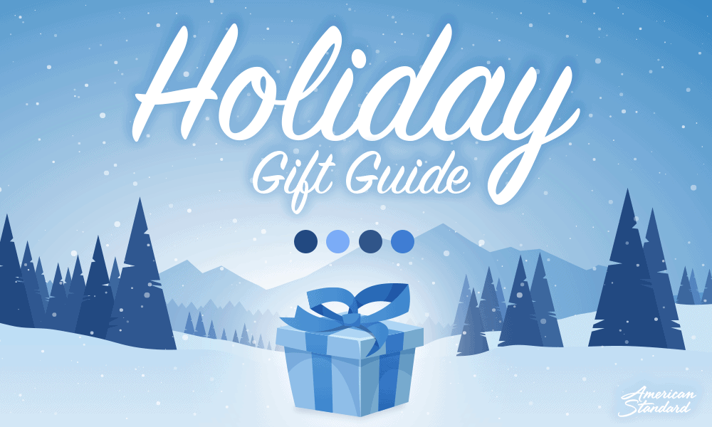 Present with blue and snowy background for a holiday gift guide