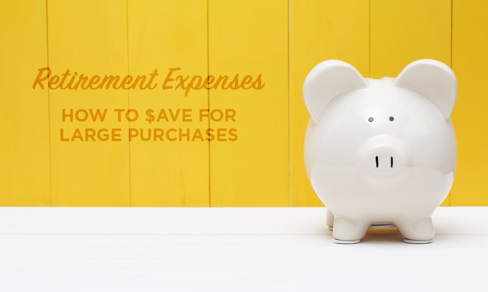 White piggy bank with yellow background and text that reads ‘Retirement expenses How to $ave for large purchases’