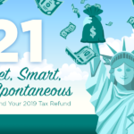Statue of Liberty with money falling from the sky as a representation for how to spend your tax return