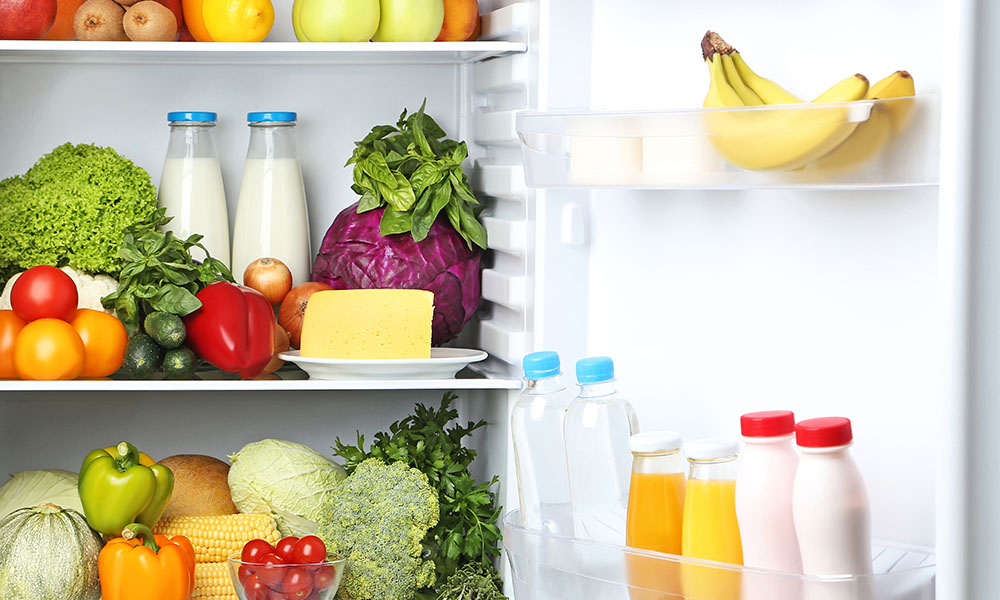 Refrigerator stocked with healthy products